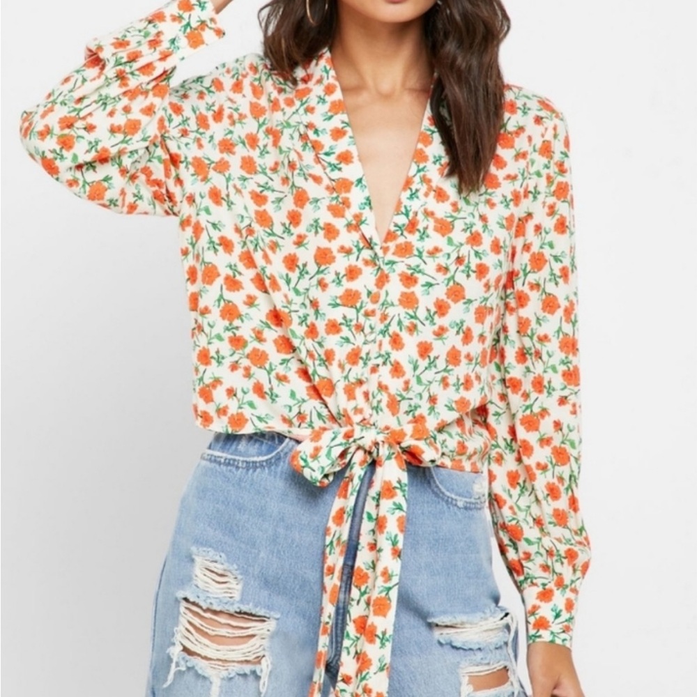 Topshop Floral White & Orange Tie Front Long Sleeve Blouse sz US 10/L